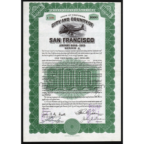City and County of San Francisco Airport Bond Certificate
