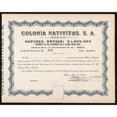 Colonia Nativitas, S.A. Mexico Stock Certificate