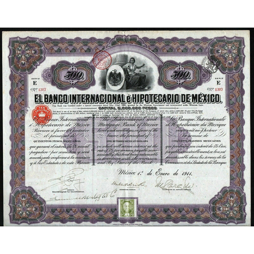 El Banco Internacional e Hipotecario de Mexico (The International and Mortgage Bank of Mexico) Stock Certificate