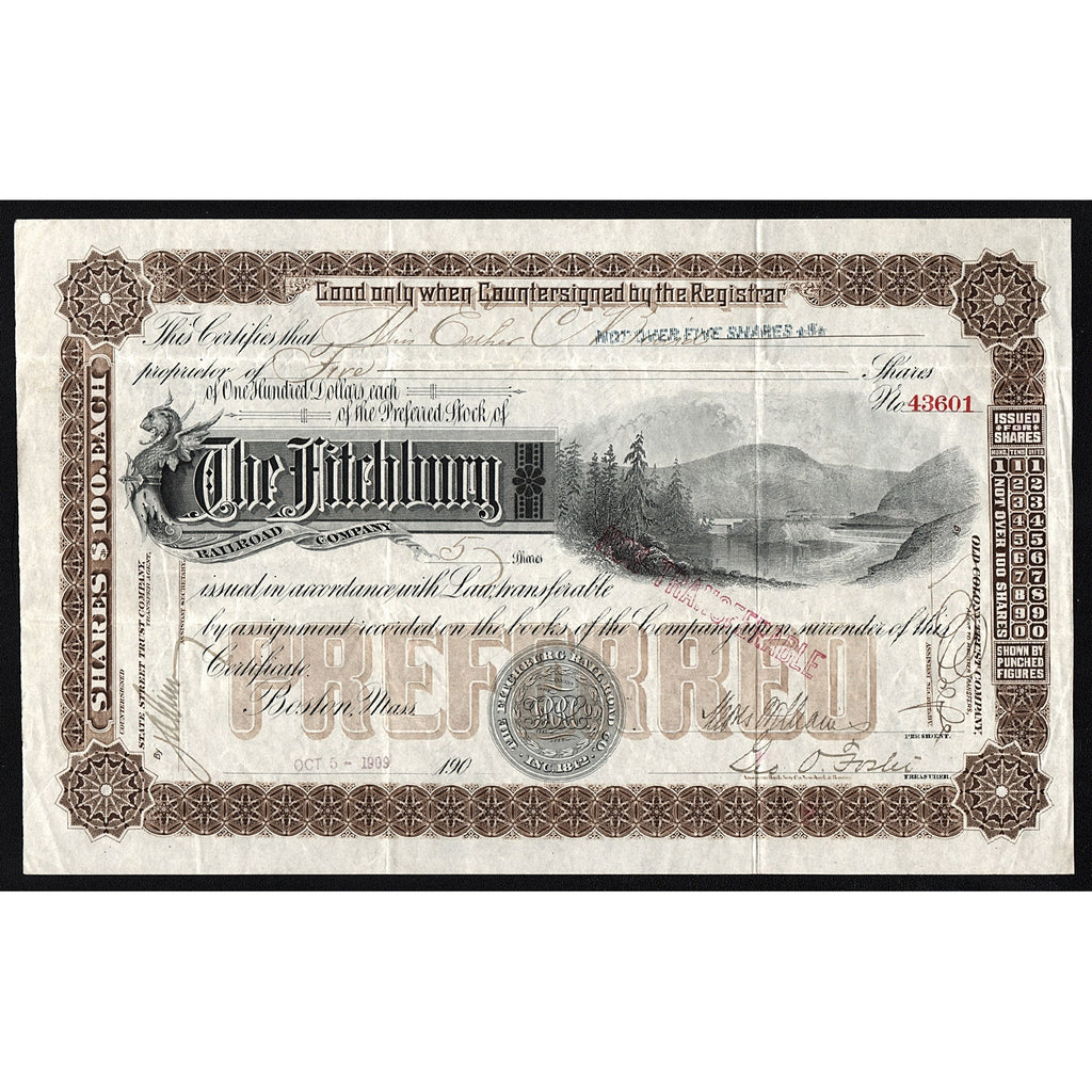 The Fitchburg Railroad Company 1909 Boston Massachusetts Stock Certificate