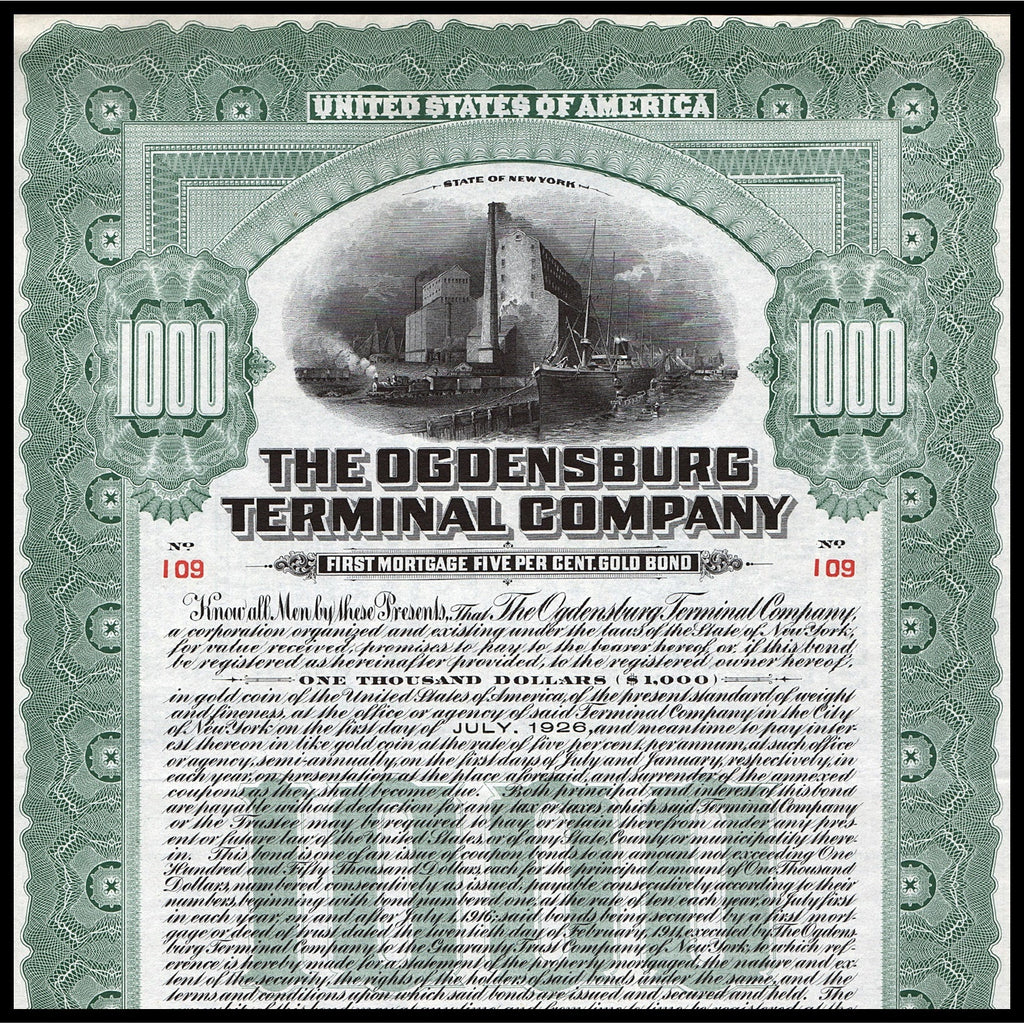 The Ogdensburg Terminal Company New York 1911 Gold Bond Certificate