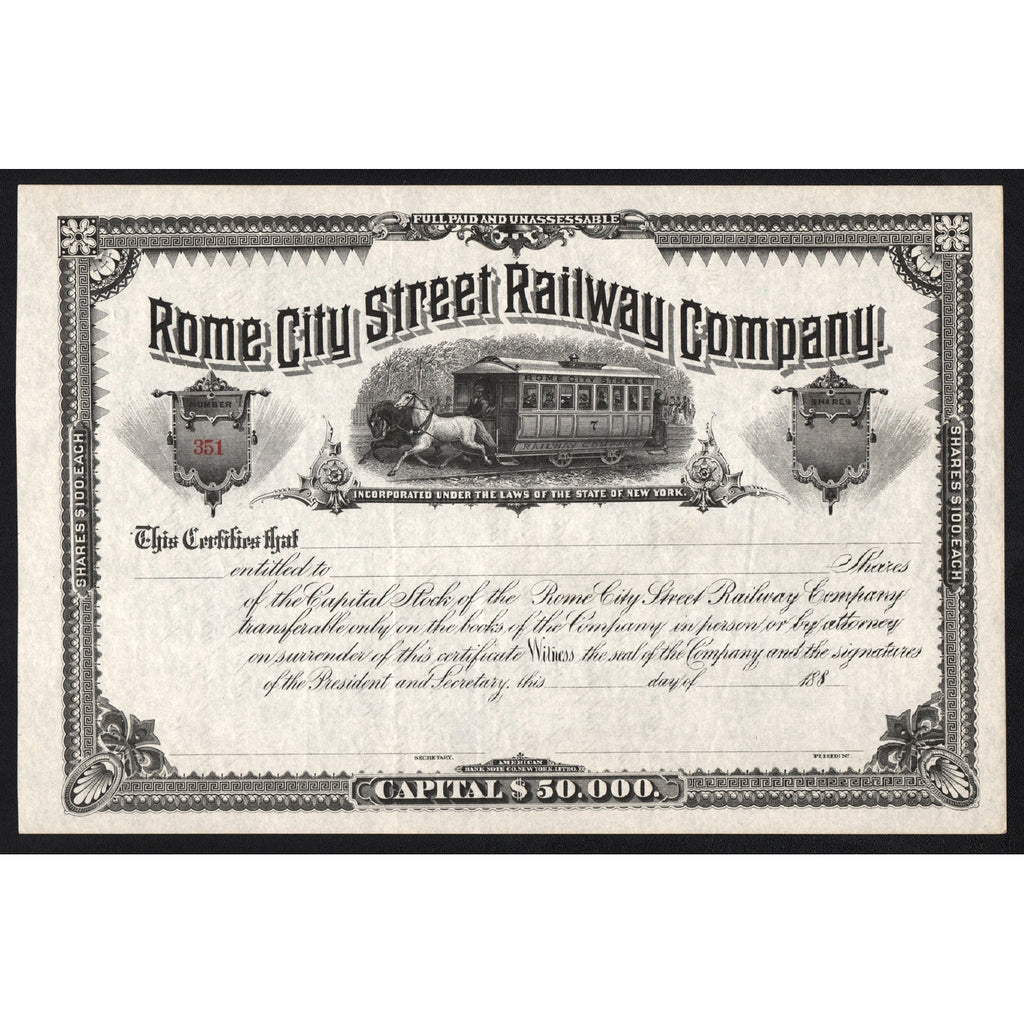 Rome City Street Railway Company Stock Certificate
