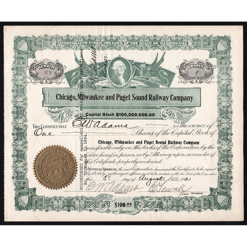 Chicago, Milwaukee and Puget Sound Railway Company 1921 Stock Certificate