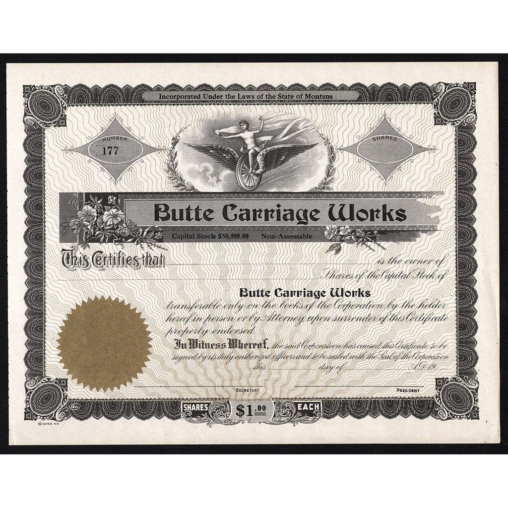 Butte Carriage Works (Montana) Stock Certificate