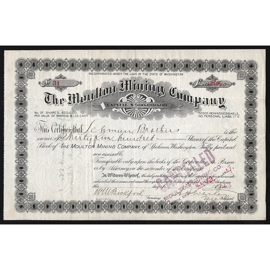The Moulton Mining Company (issued to & signed Lehman Brothers) Stock Certificate