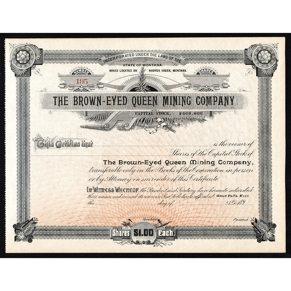 The Brown-Eyed Queen Mining Company Montana Stock Certificate