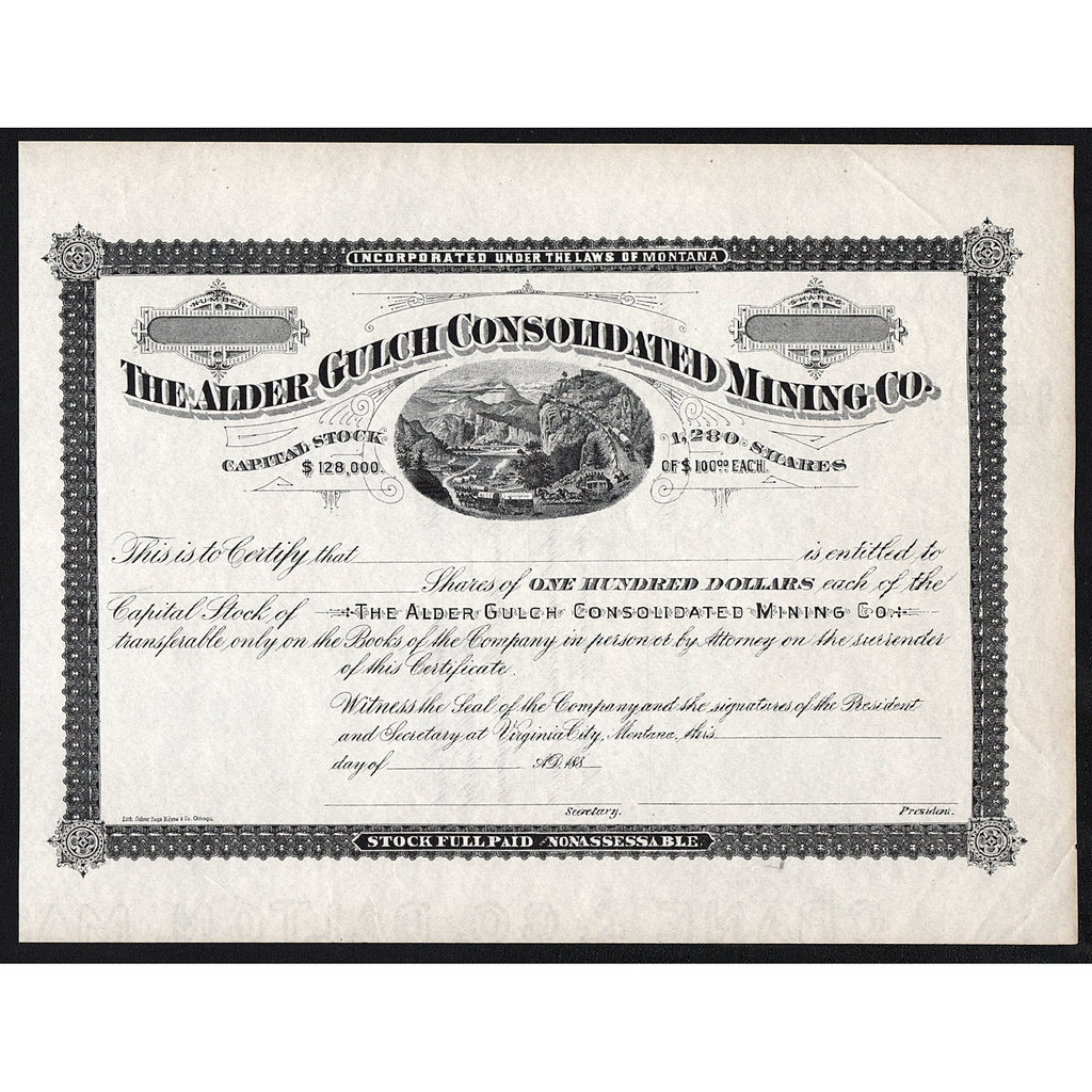 The Alder Gulch Consolidated Mining Co. Montana Stock Certificate