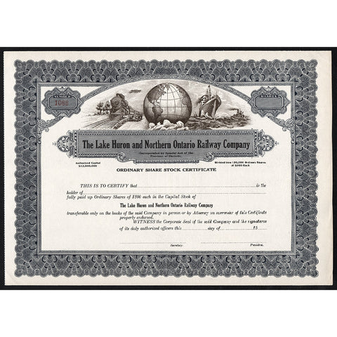 The Lake Huron and Northern Ontario Railway Company Stock Certificate