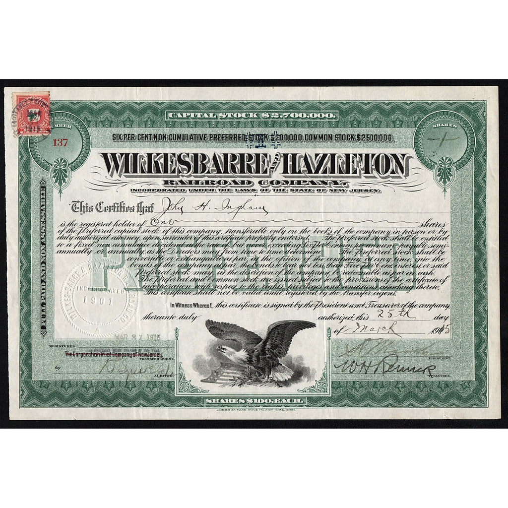 Wilkes Barre and Hazleton Railroad 1915 New Jersey Stock Certificate