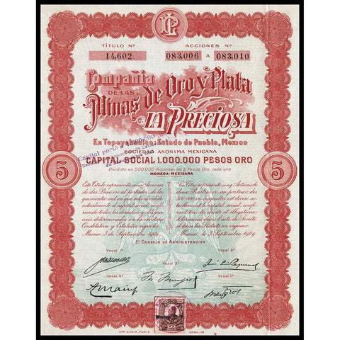 Compania de las Minas de Oro y Plata La Preciosa 1909 Mexico Stock Certificate