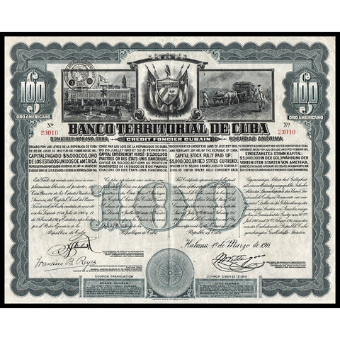 Banco Territorial De Cuba - Credit Foncier Cubain, $100 Oro Americano - $100 Gold Dollars 1911 Stock Bond Certificate