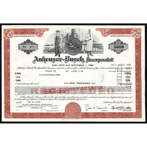 Anheuser-Busch, Incorporated Beer & Brewing $5,000 Bond Certificate