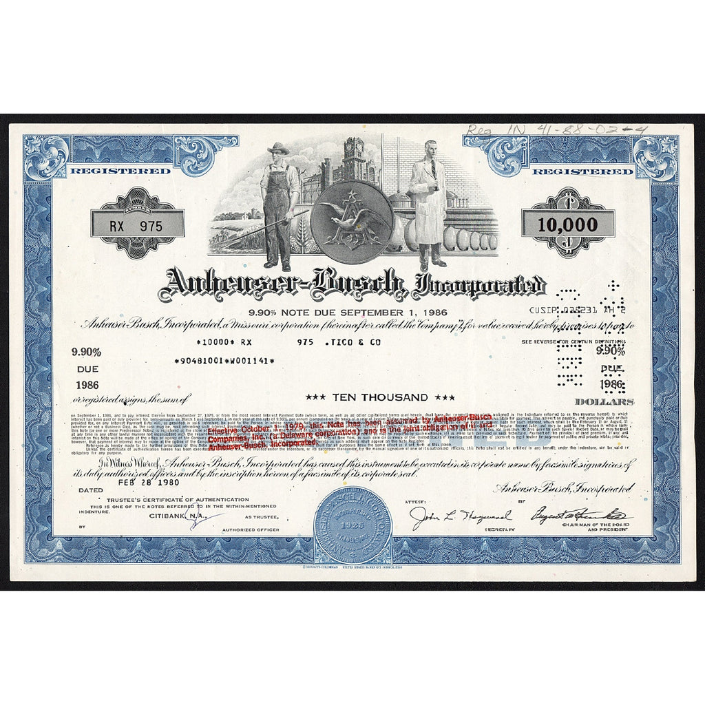 Anheuser-Busch, Incorporated - Brewery - $10,000 Stock Bond Certificate