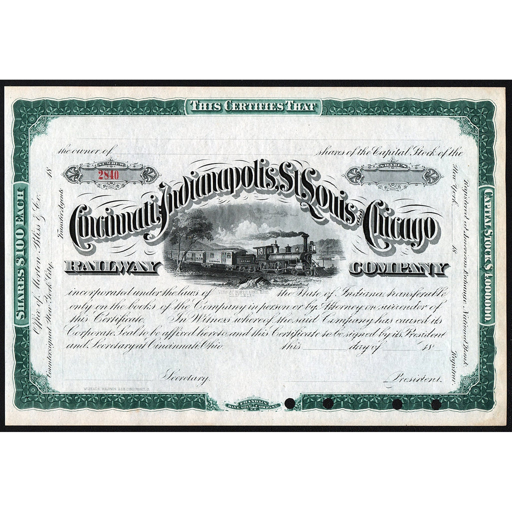 Cincinnati, Indianapolis, St. Louis and Chicago Railway Company Stock Certificate