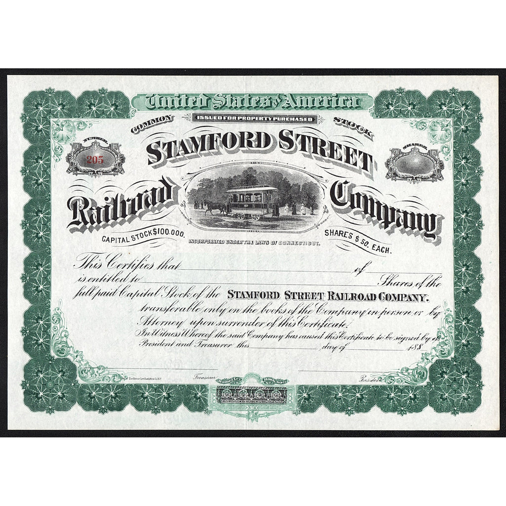Stamford Street Railroad Company Connecticut Stock Certificate
