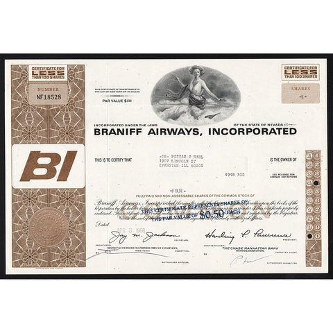 Braniff Airways, Inc. Nevada Stock Certificate
