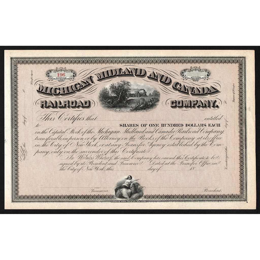 Michigan Midland and Canada Railroad Company New York Stock Certificate