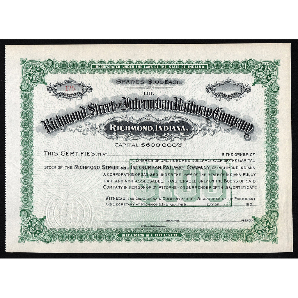 The Richmond Street and Interurban Railway Company Stock Certificate