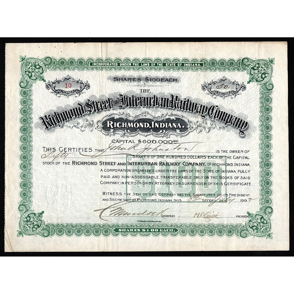 The Richmond Street and Interurban Railway Indiana Stock Certificate