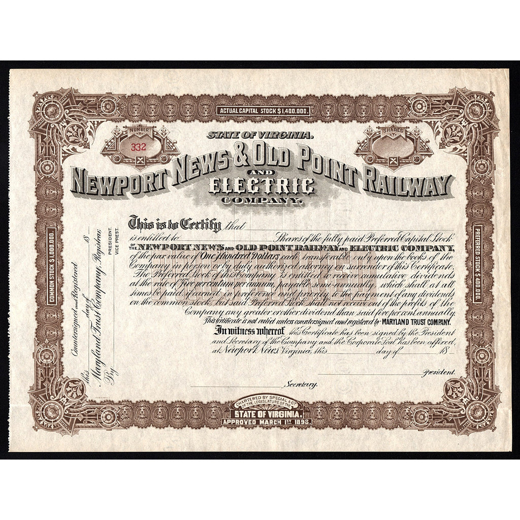 Newport News & Old Point Railway and Electric Company Stock Certificate
