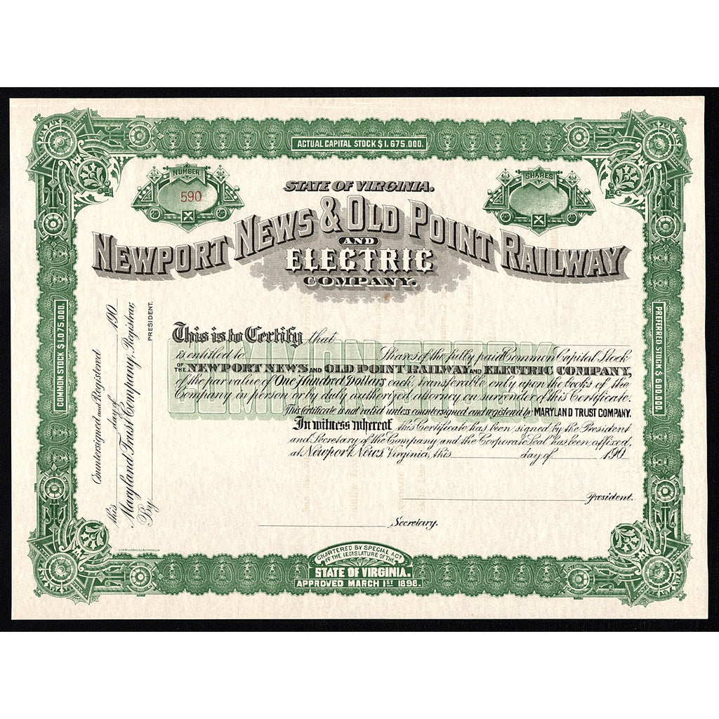 Newport News & Old Point Railway and Electric Company Virginia Stock Certificate