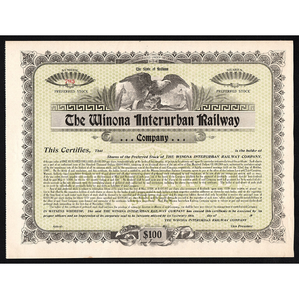 The Winona Interurban Railway Company Indiana Stock Certificate