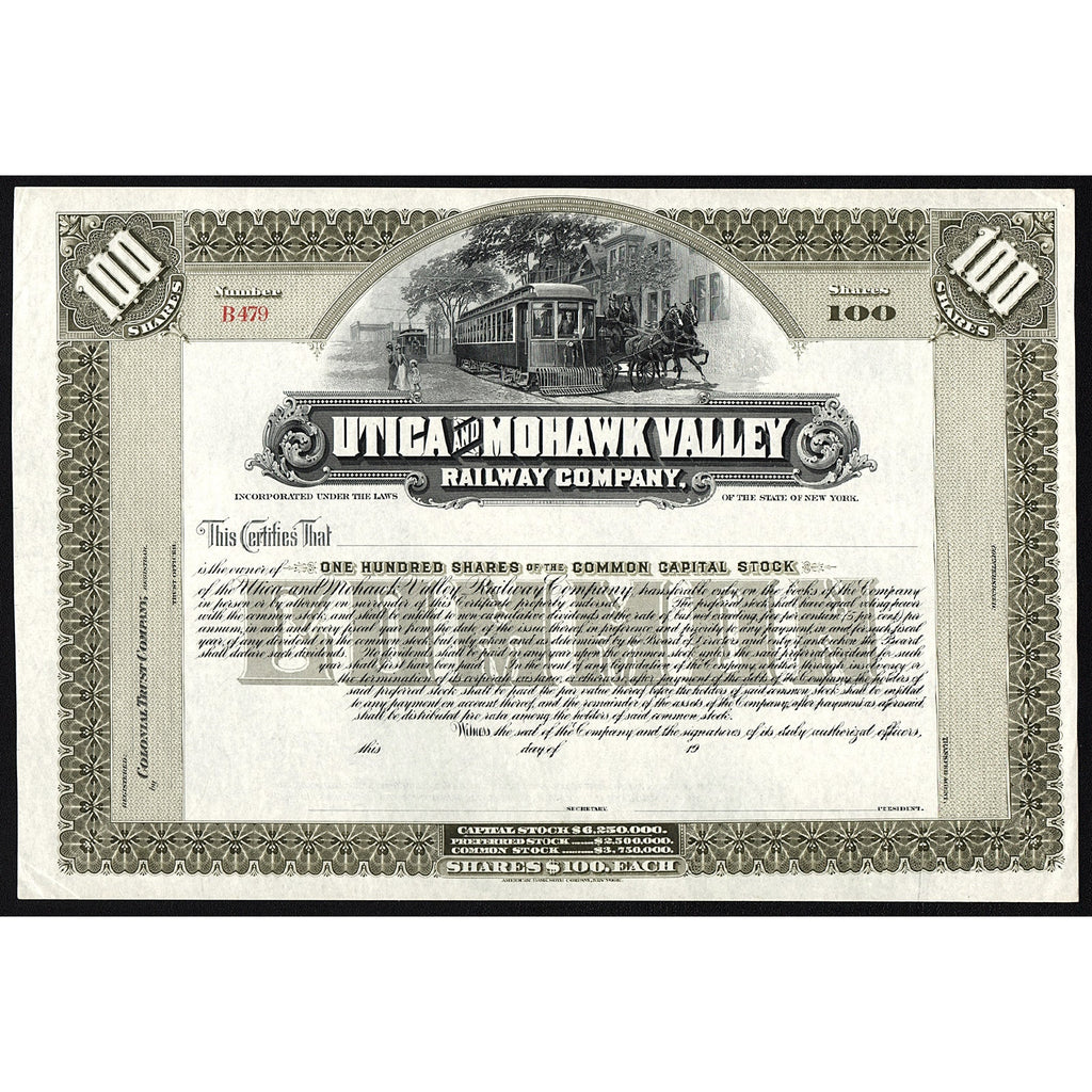 Utica and Mohawk Valley Railway Company New York Stock Certificate