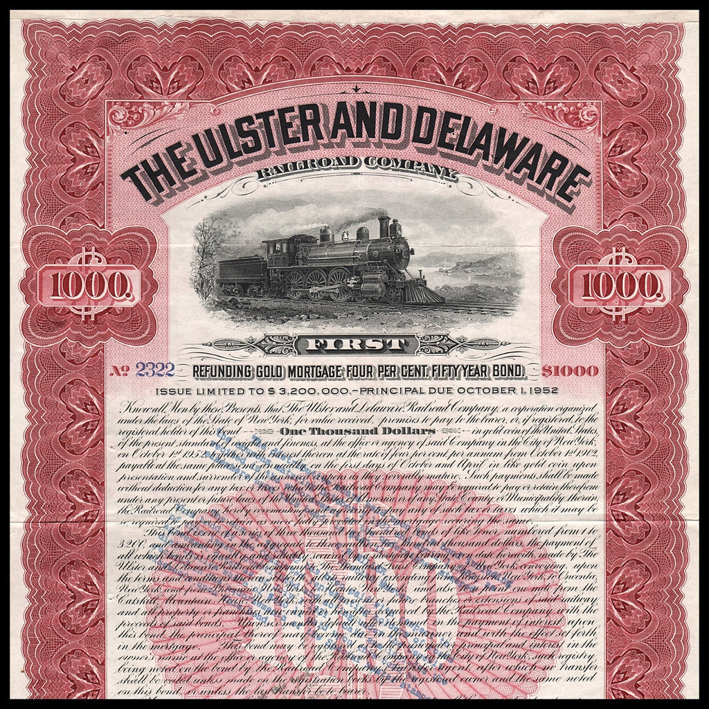 The Ulster and Delaware Railroad Company 1902 New York Bond Certificate
