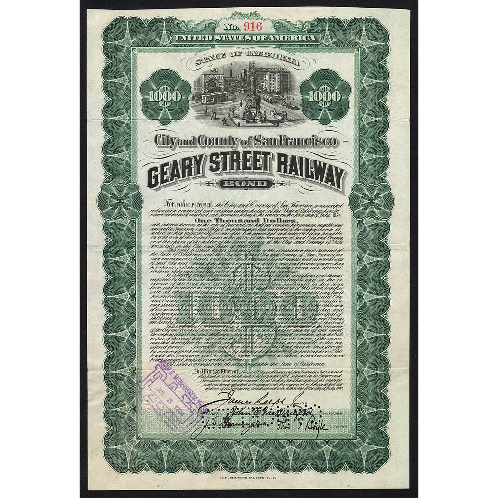 Geary Street Railway (San Francisco, California) Bond Certificate