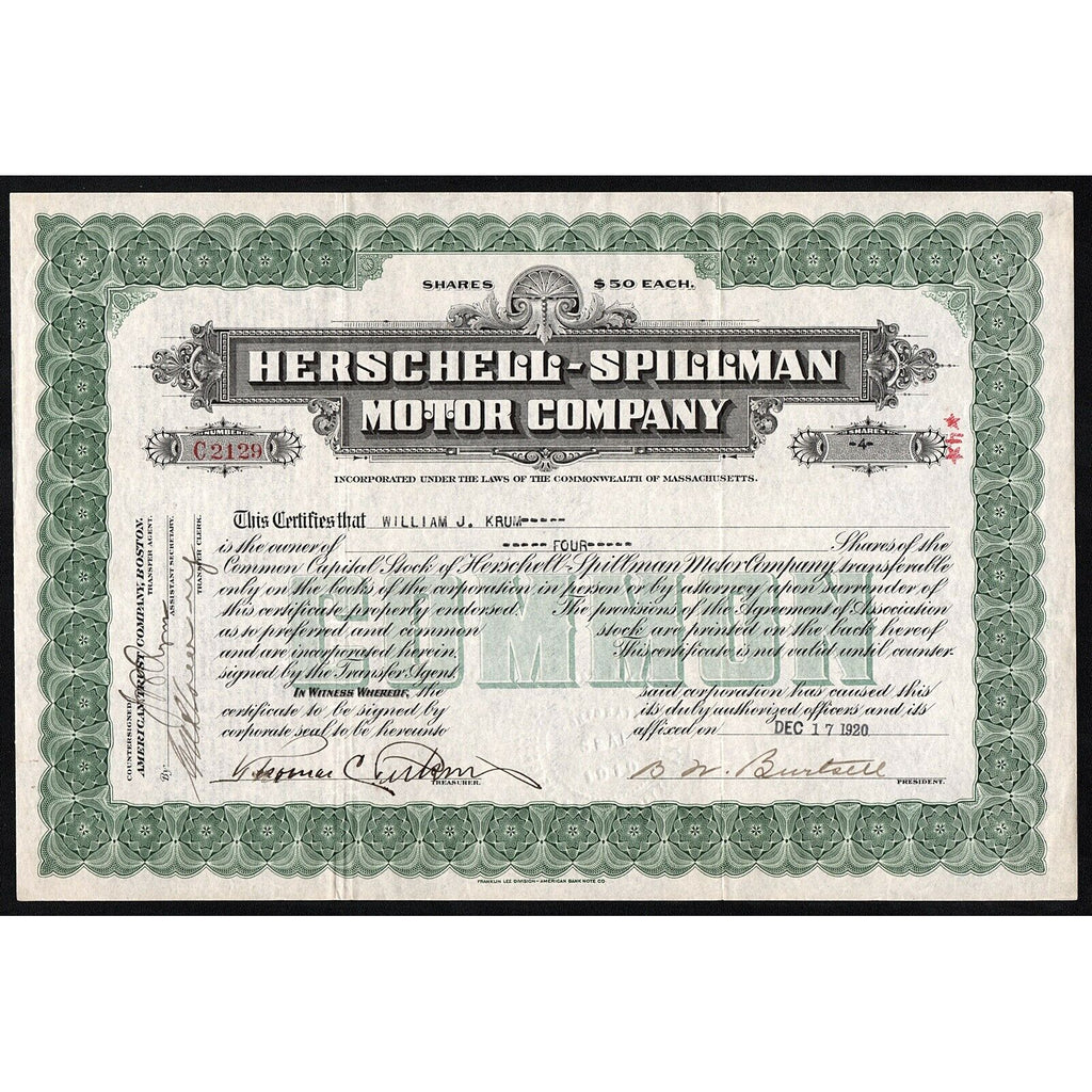 Herschell-Spillman Motor Company Massachusetts Stock Certificate