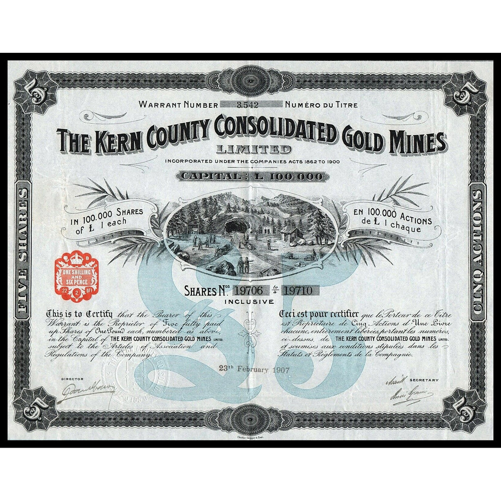 The Kern County Consolidated Gold Mines, Limited Stock Certificate