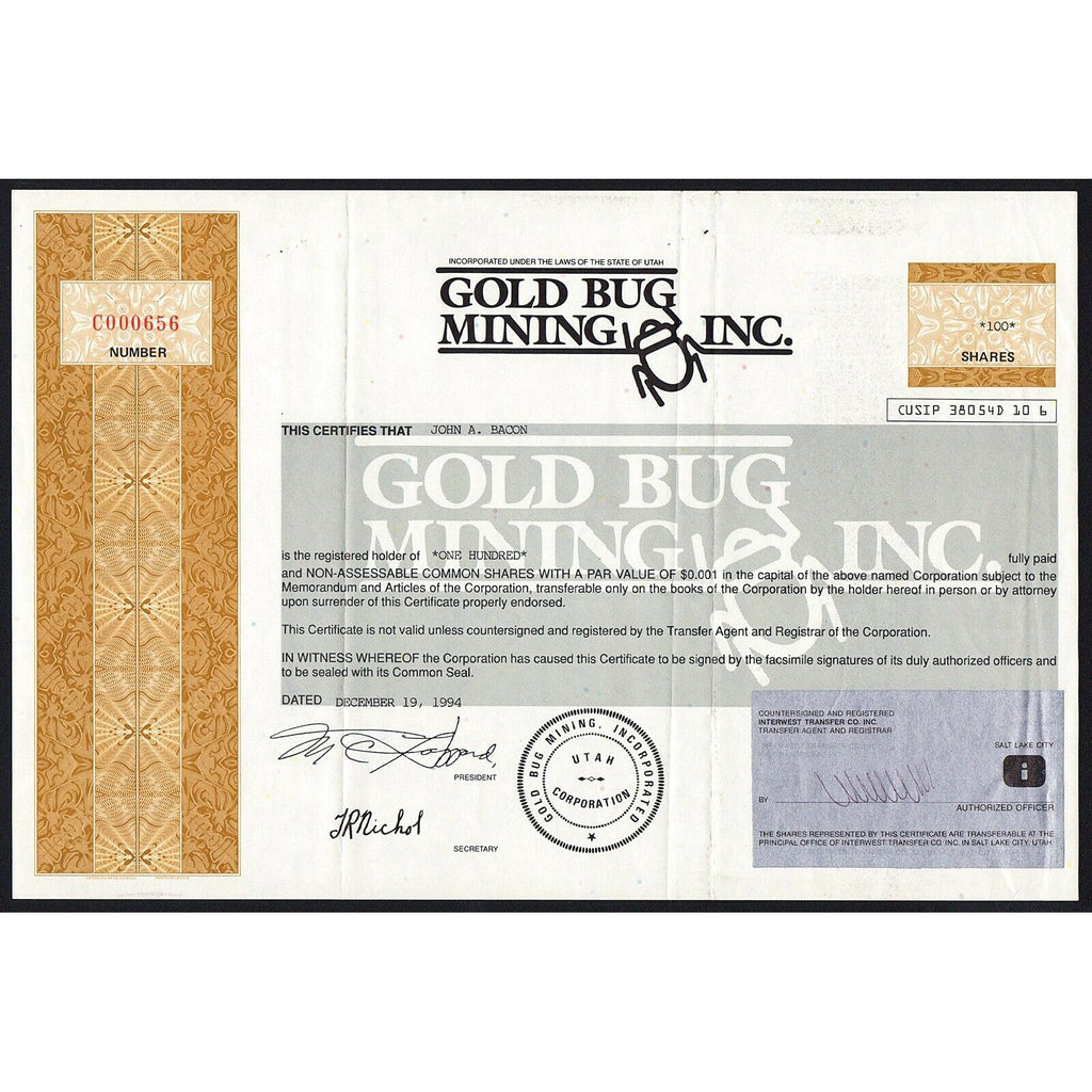 Gold Bug Mining Inc. Utah Stock Certificate