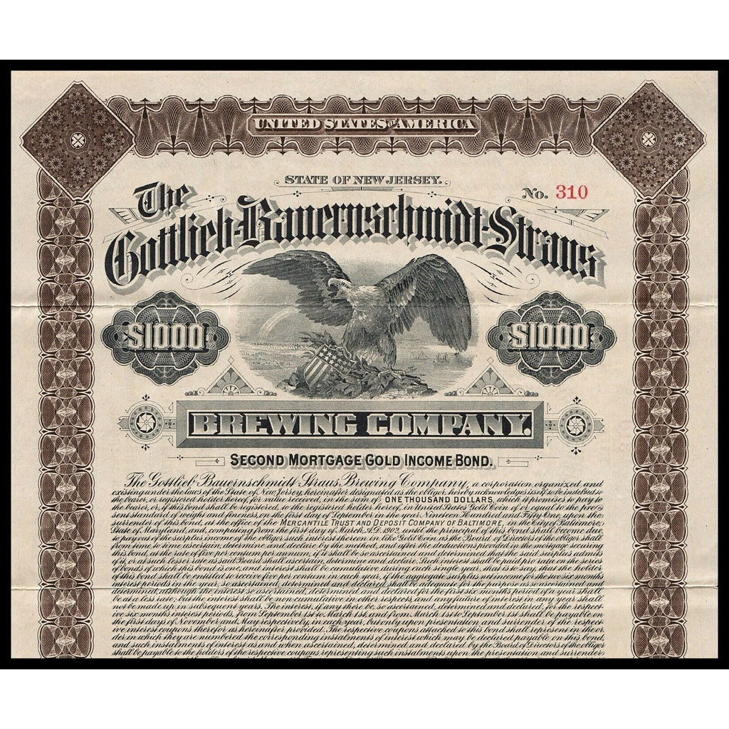 Gottlieb-Bauernschmidt-Straus Brewing Company (Gold Bond) 1901 New Jersey Stock Certificate