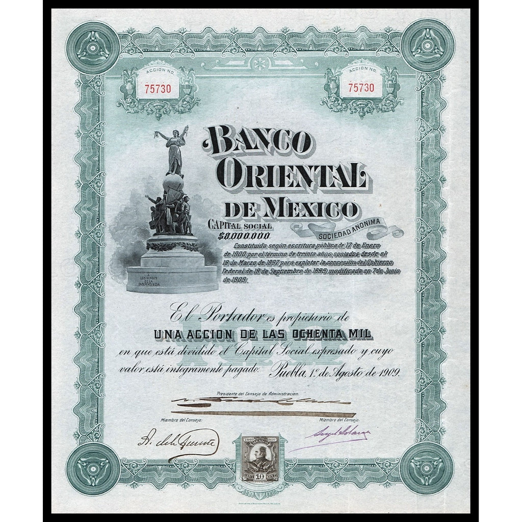 Banco Oriental de Mexico Sociedad Anonima 1909 Stock Certificate