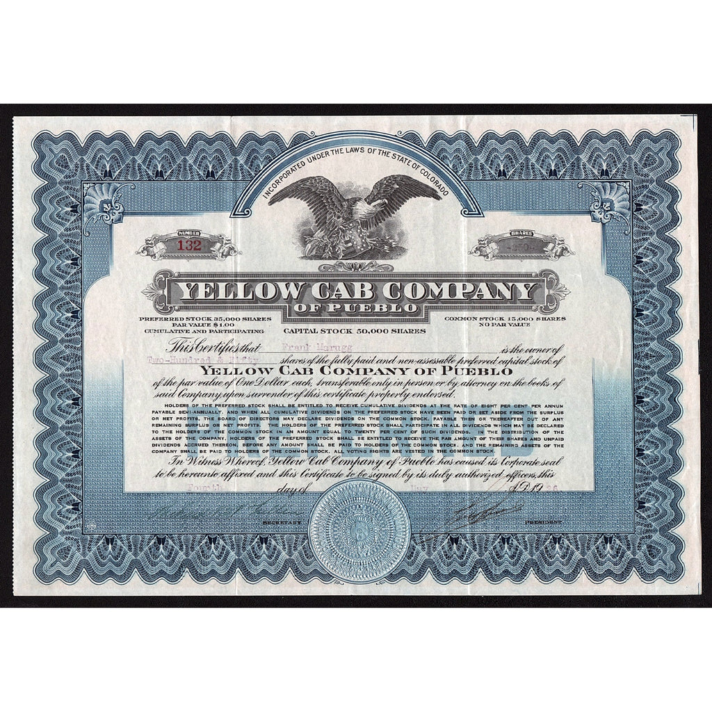 Yellow Cab Company of Pueblo (Colorado) 1926 Stock Certificate