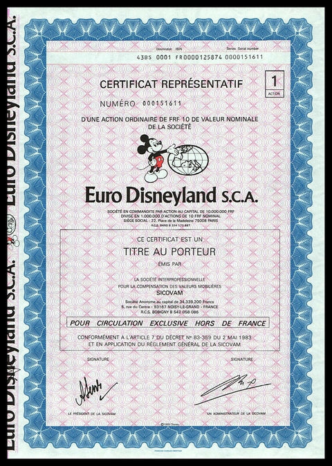 Euro Disneyland S.C.A. Mickey Mouse Disney Stock Certificate