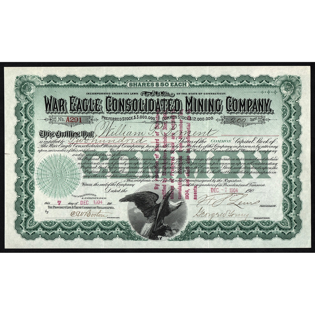 War Eagle Consolidated Mining Company 1904 Stock Certificate