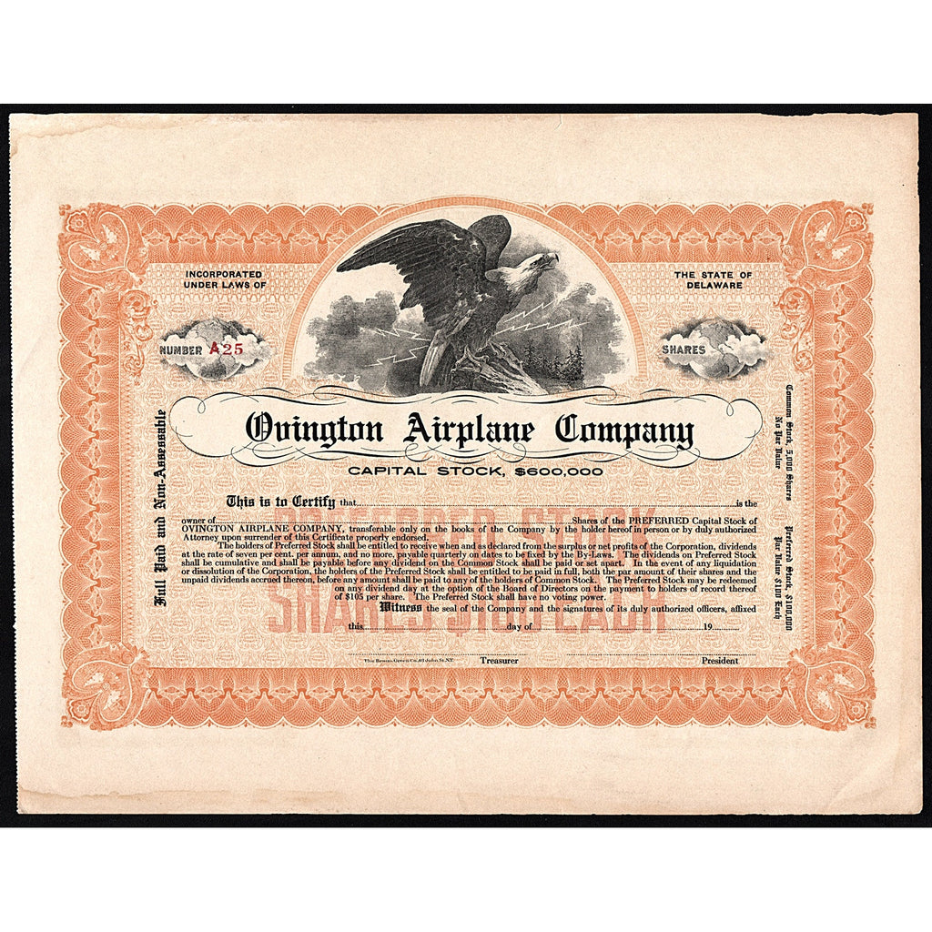 Ovington Airplane Company Stock Certificate