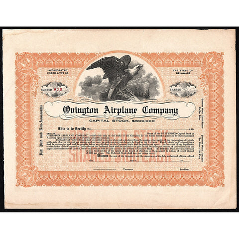 Ovington Airplane Company Stock Certificate