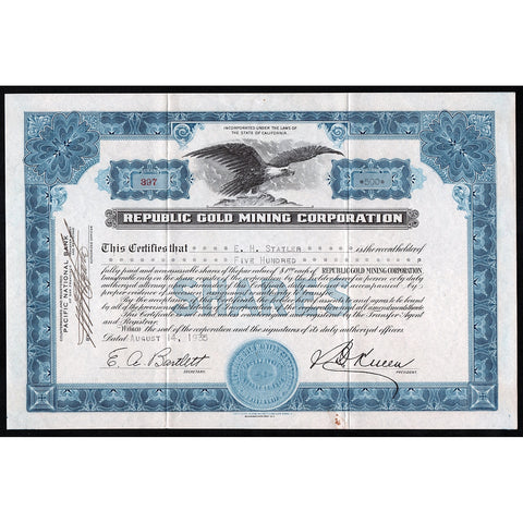 Republic Gold Mining Corporation California Stock Certificate