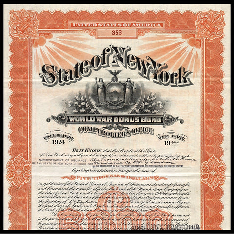 State of New York, $5000 World War Bonus Bond 1929 Stock Certificate