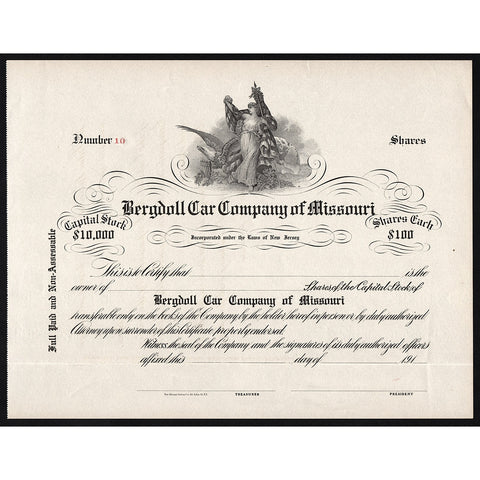 Bergdoll Car Company of Missouri Stock Certificate