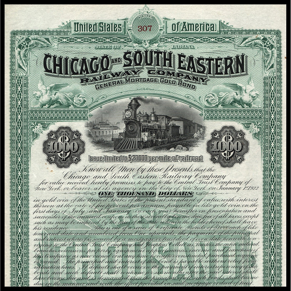 Chicago and South Eastern Railway Company Indiana Gold Bond Certificate