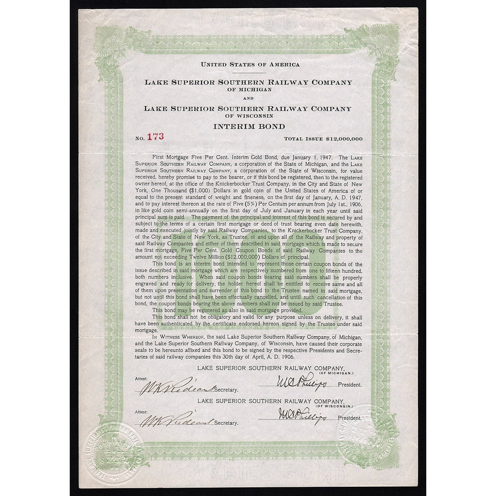 Lake Superior Southern Railway Company of Michigan/Wisconsin Bond Certificate