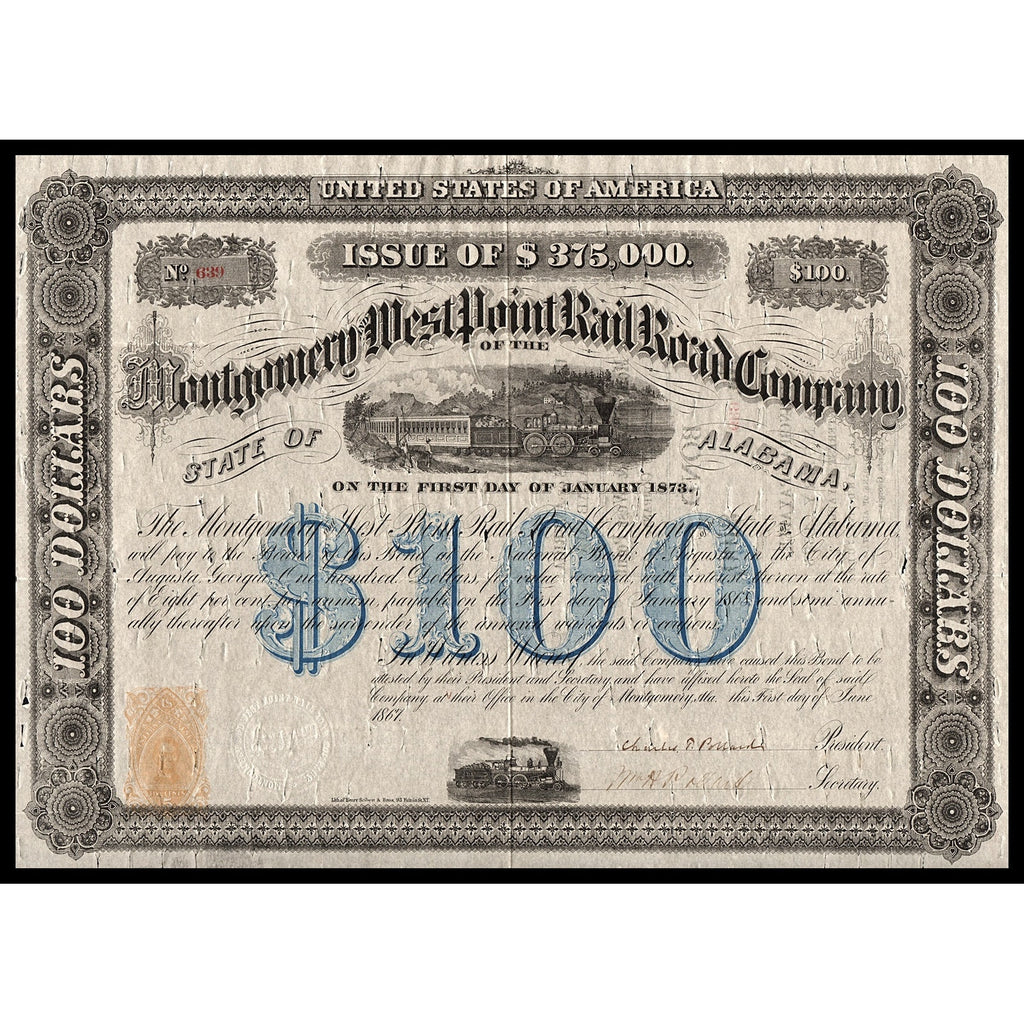 Montgomery and West Point Rail Road Company Alabama 1867 Bond Certificate