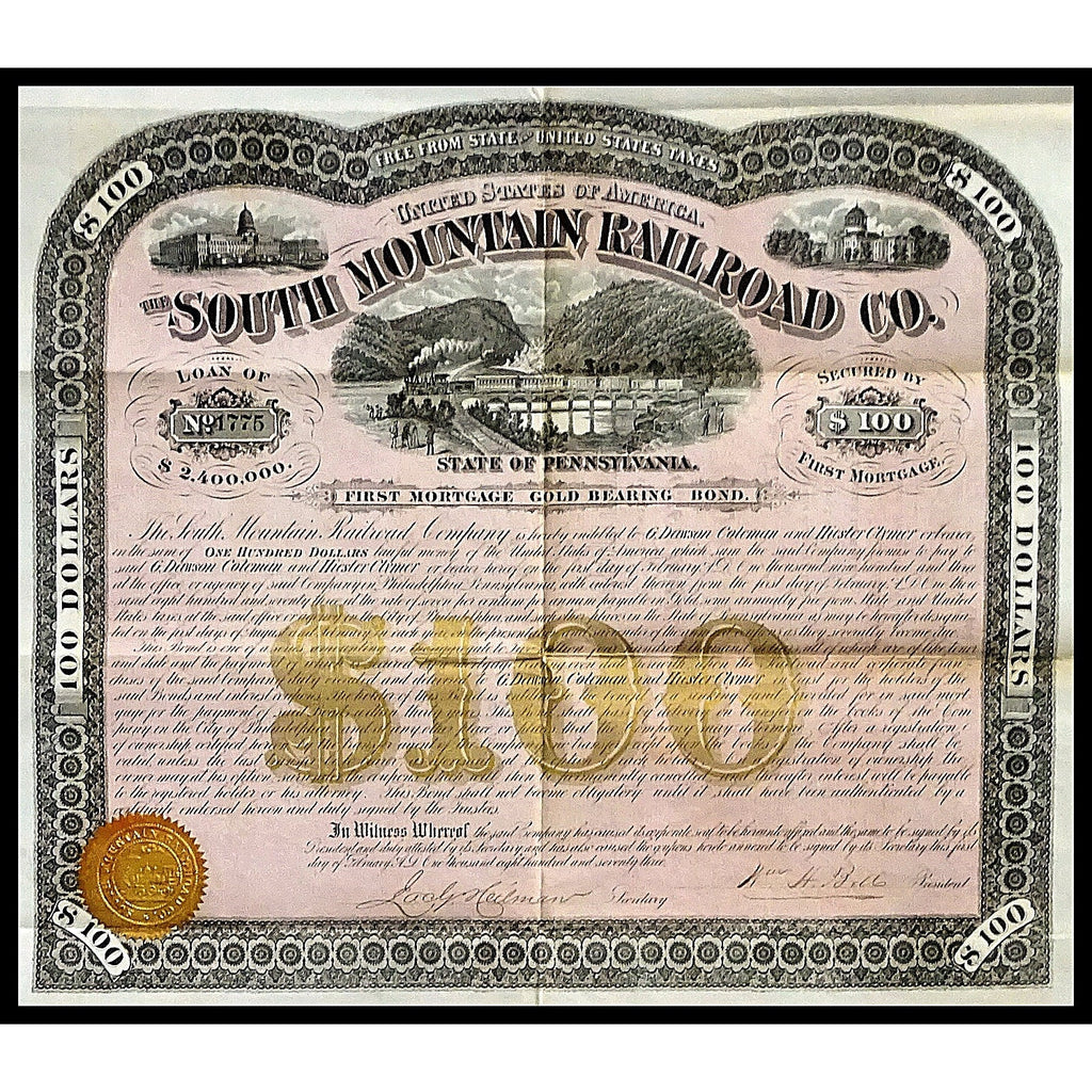 The South Mountain Railroad Co. 1873 Pennsylvania Bond Certificate