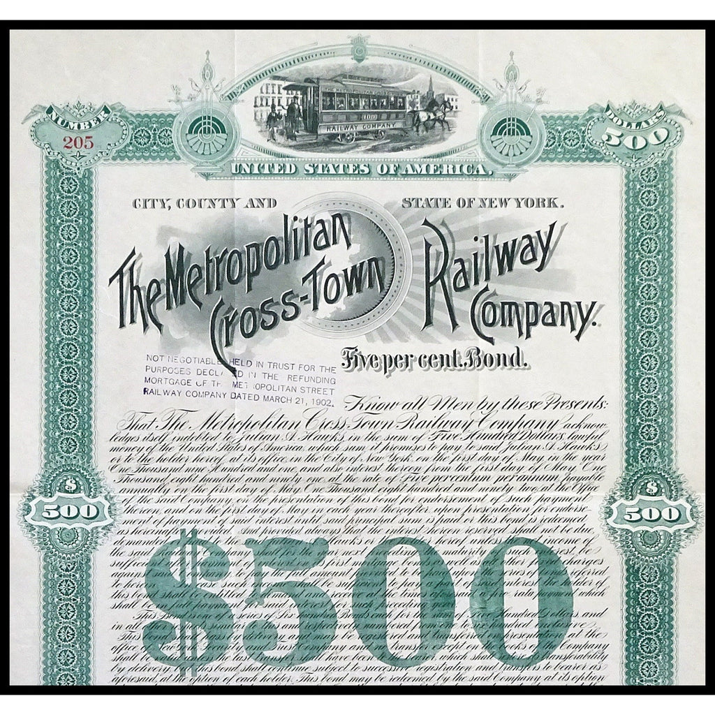 The Metropolitan Cross-Town Railway Company 1890 New York Bond Certificate