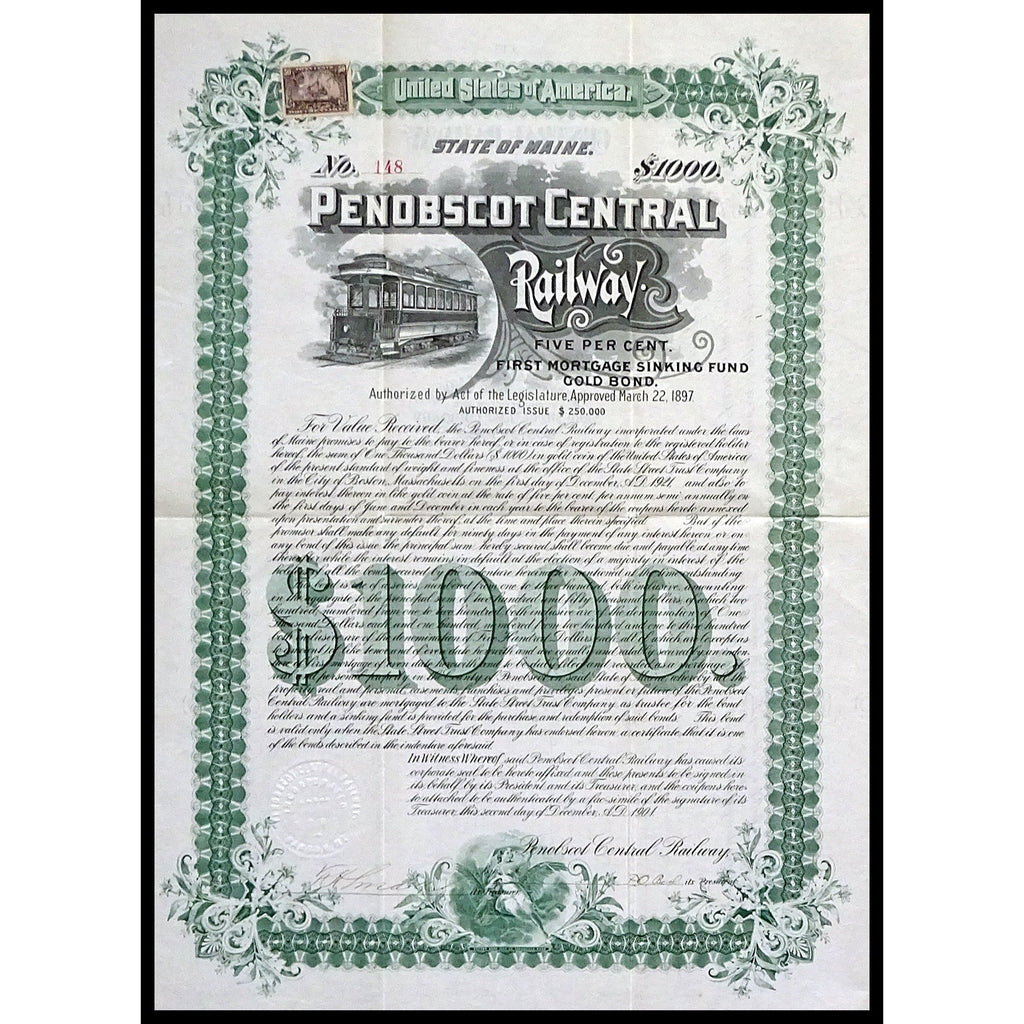 Penobscot Central Railway 1901 Maine Gold Bond Certificate