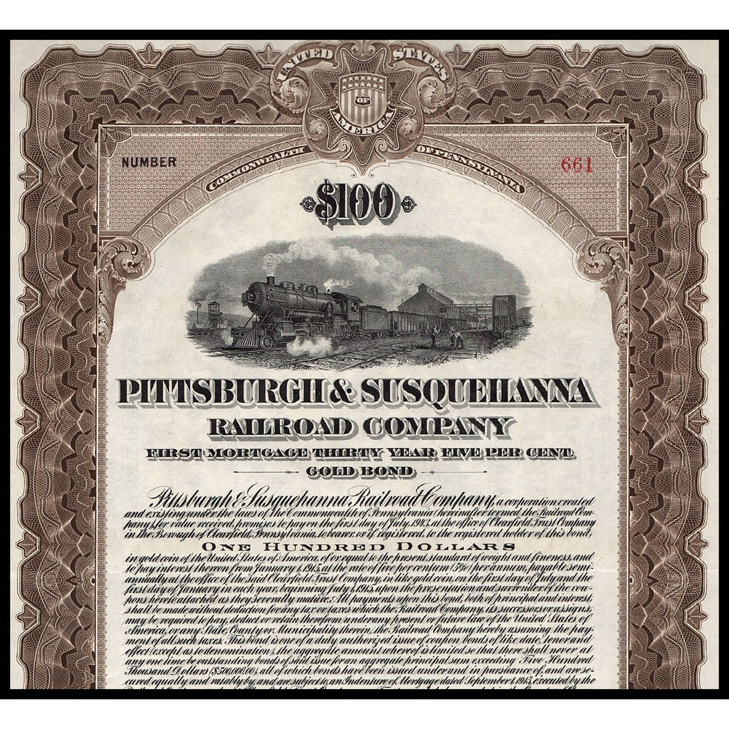 Pittsburgh & Susquehanna Railroad Company 1913 Gold Bond Certificate