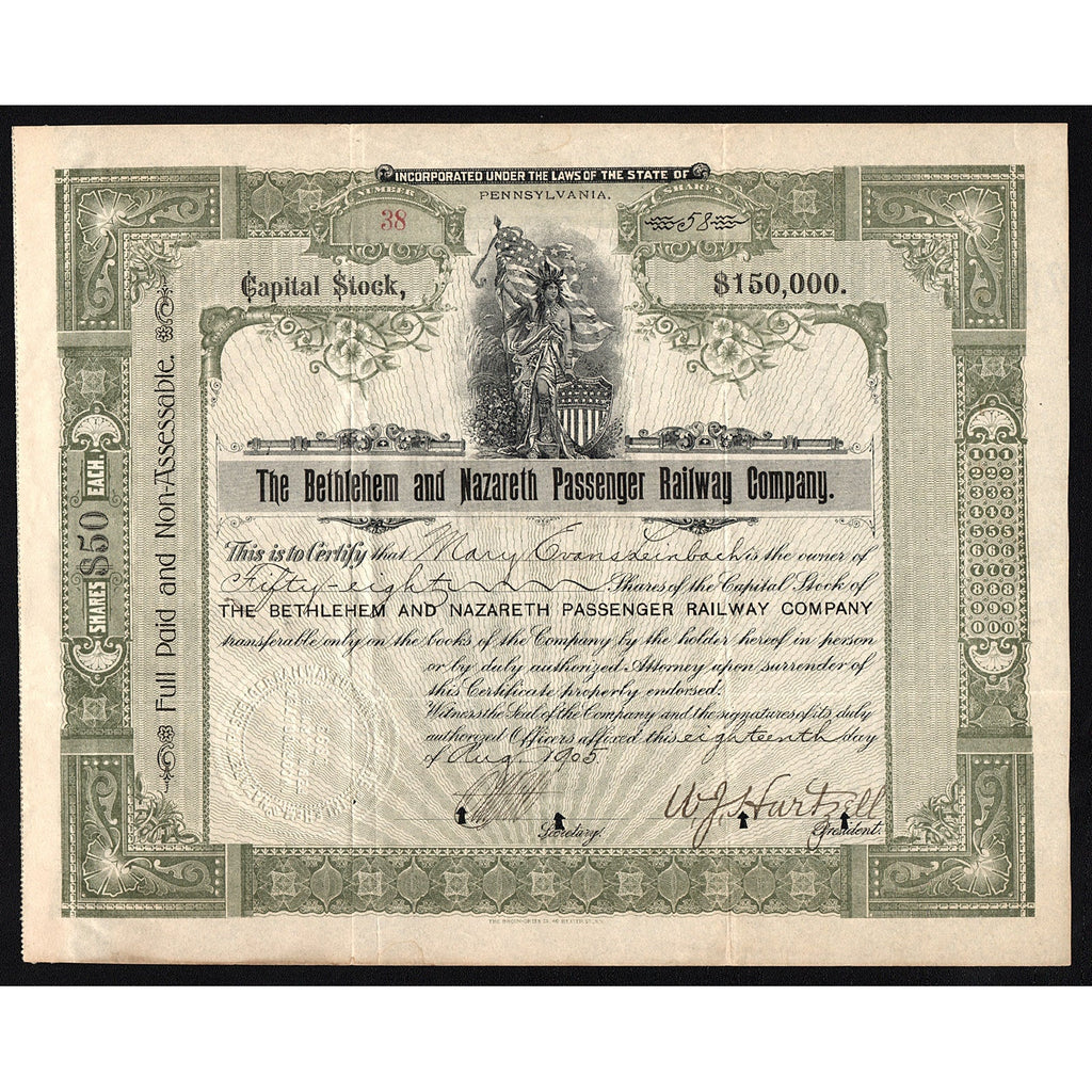 The Bethlehem and Nazareth Passenger Railway Company Stock Certificate